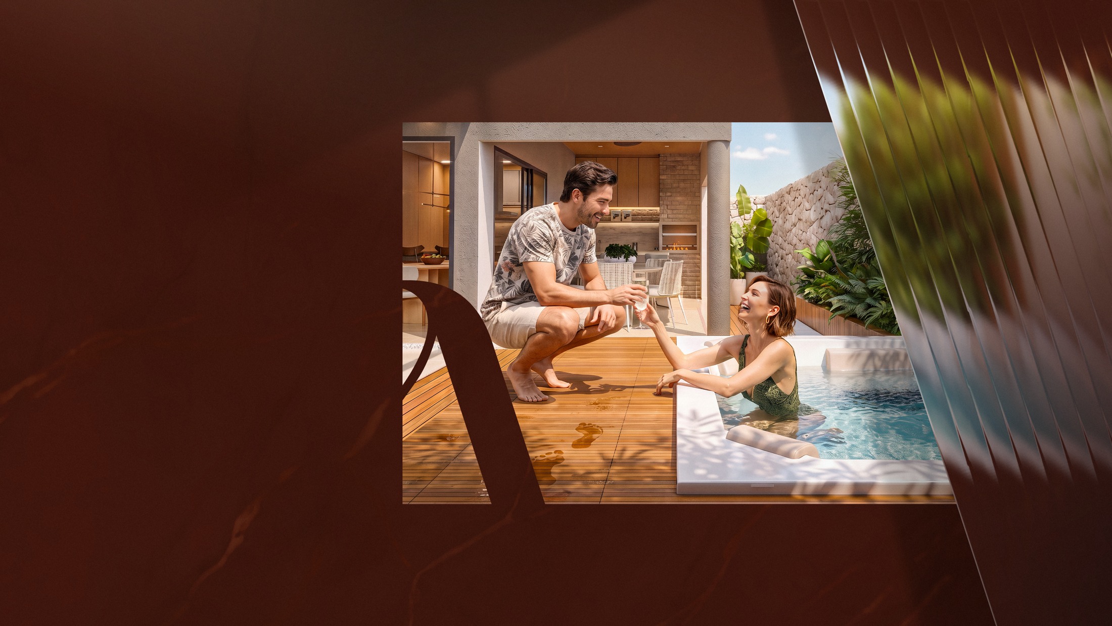 Espaço gourmet com área externa na composição do book Jooy Rariz