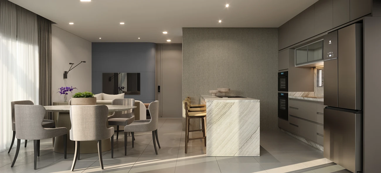 Sala de estar e jantar do sobrado de 104 m²