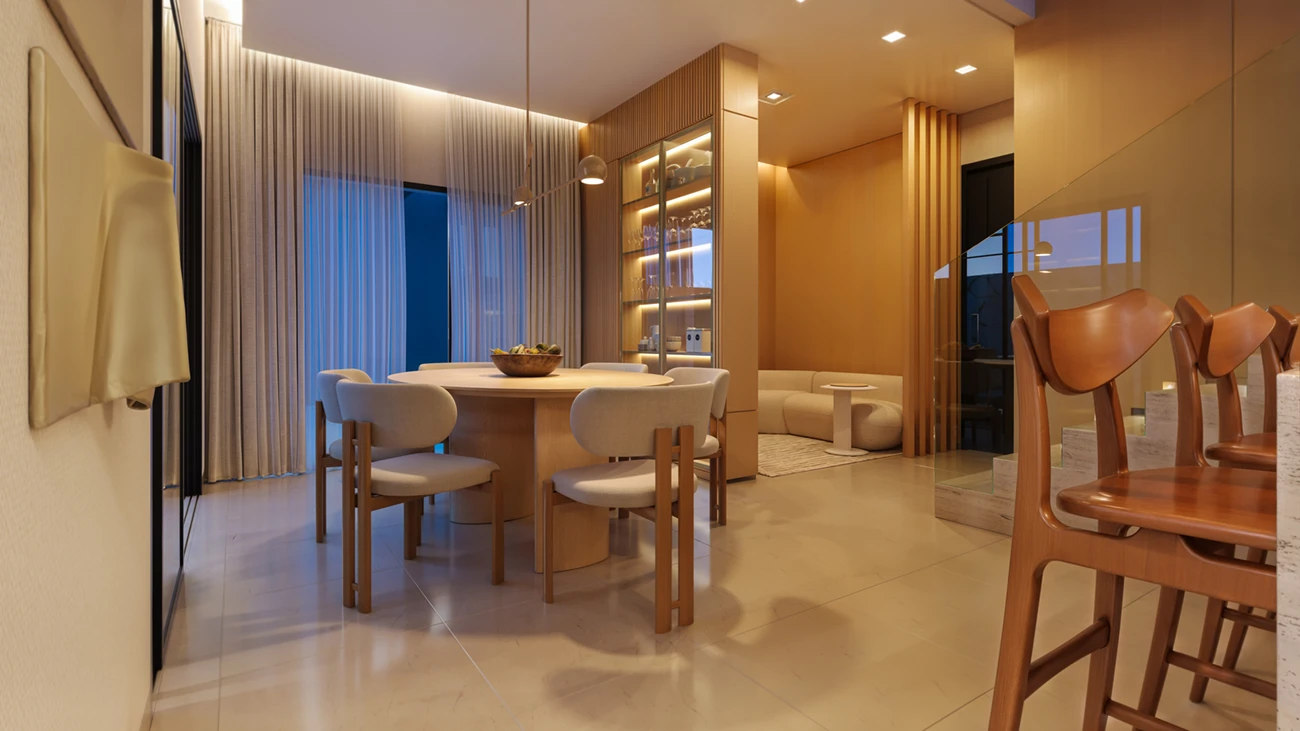 Sala de estar e jantar do sobrado de 121 m²