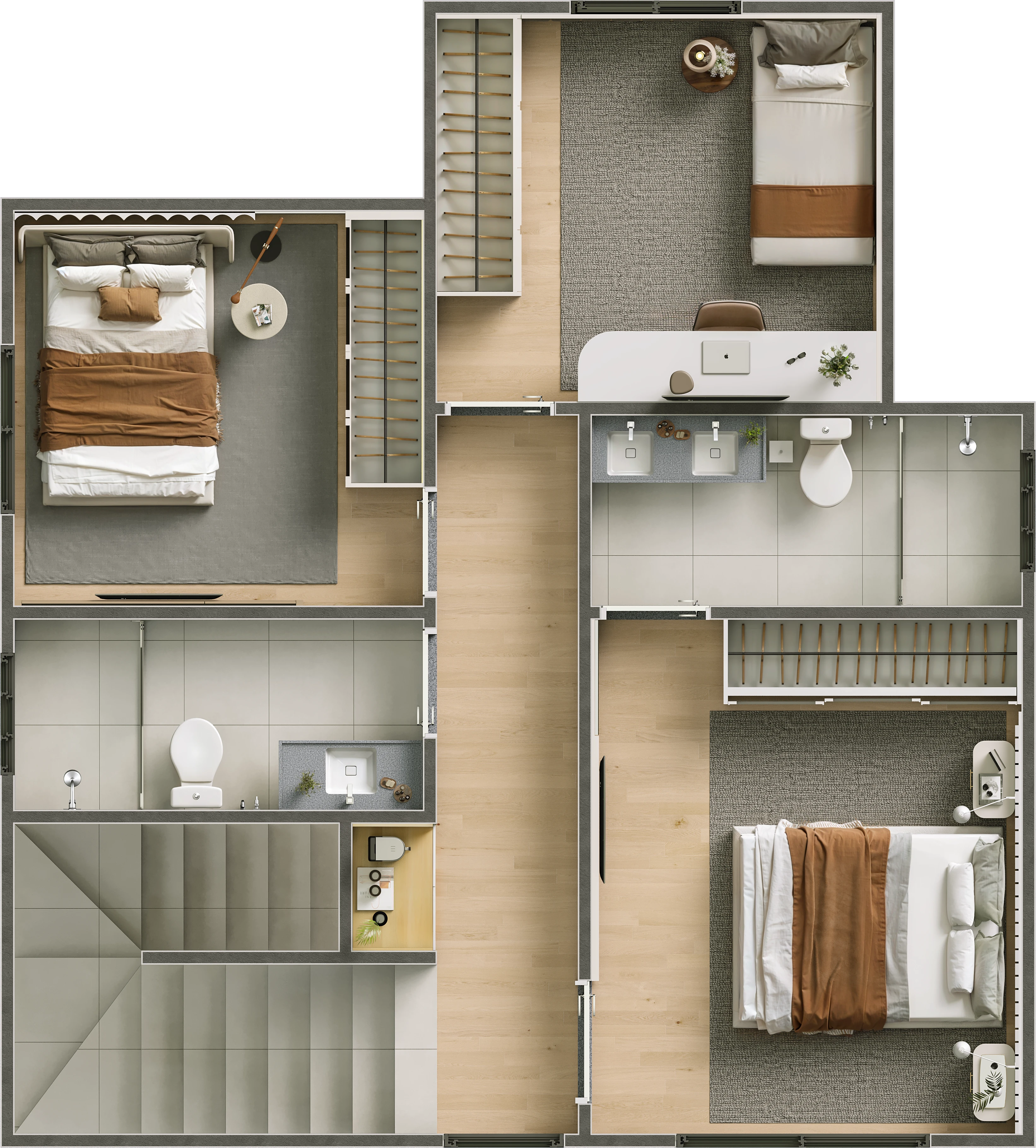 Pavimento superior do sobrado de 104 m² — 2 quartos + 1 suíte