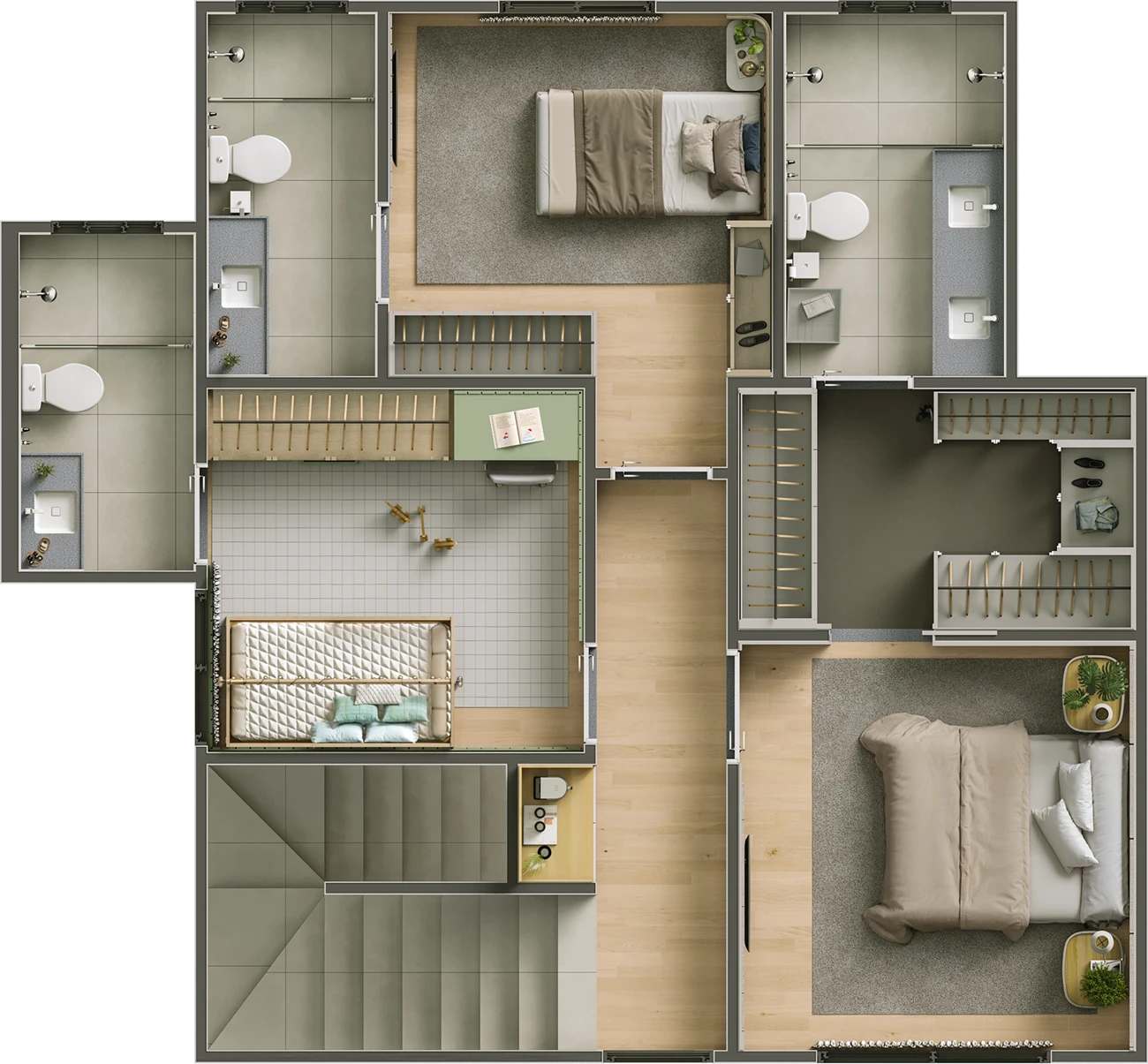 Pavimento superior do sobrado de 121 m² — 3 suítes